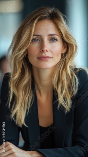 A woman with blonde hair and a black jacket is sitting at a table. She has a smile on her face and is looking directly at the camera