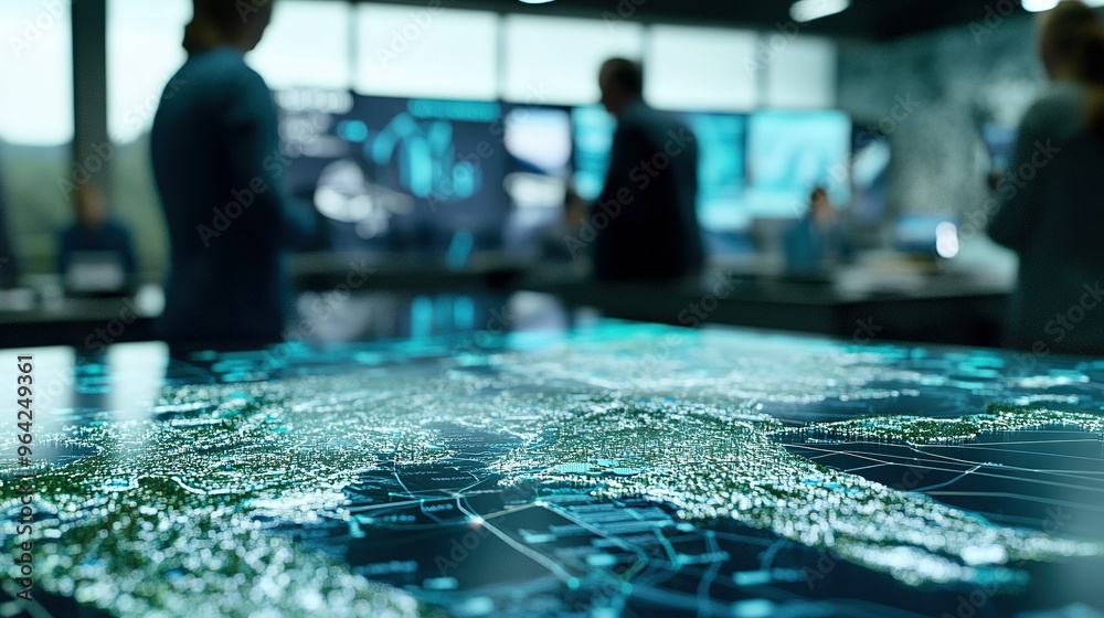 High-tech control room with digital map display highlighting urban ...