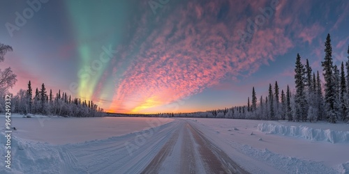 A breathtaking view of a snowy expanse illuminated by the northern lights at dusk showcases natural beauty and tranquility photo