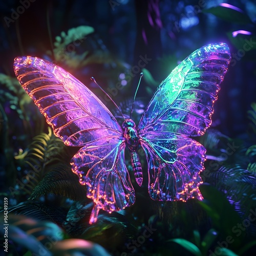 Captivating Neon Butterfly with Opalescent Holographic Wings in a Meticulously Crafted Digital photo
