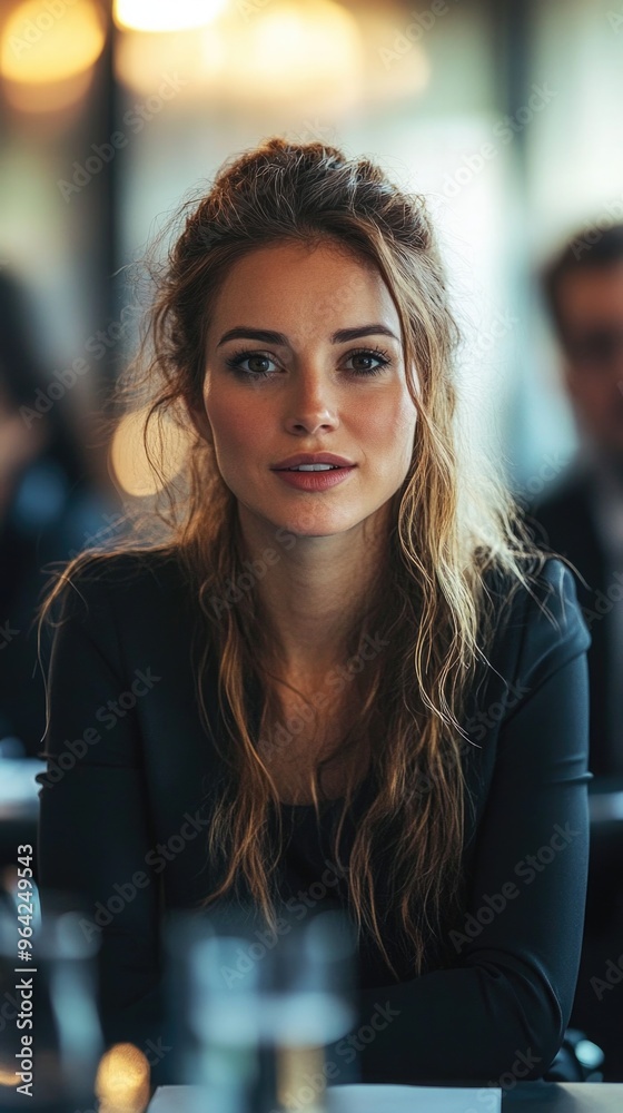 A woman with long hair is sitting at a table with a man in a suit. She is wearing a black jacket and she is smiling A woman with long hair is sitting at a table with a man in a suit. She is wearing a black jacket and she is smiling