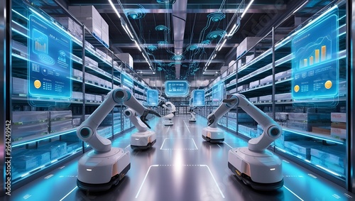 Conceptual illustration of a futuristic technology retail warehouse integrating Industry 4.0 and generative AI. The warehouse features robotic arms, drone.
