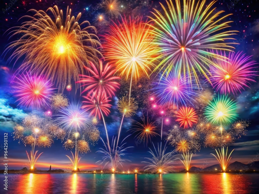 Celebratory Image Featuring Vibrant Fireworks Illuminating The Night Sky, Symbolizing Joy, Festivities, And The Welcoming Of A New Year. Celebratory Image Featuring Vibrant Fireworks Illuminating The Night Sky, Symbolizing Joy, Festivities, And The Welcoming Of A New Year.