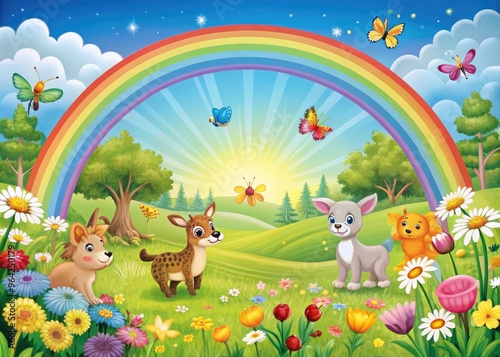 Charming Cartoon Scene Depicting A Lush Meadow With Vibrant Flowers, Happy Animals Frolicking In The Serene Environment, And A Whimsical Rainbow Arching Overhead.