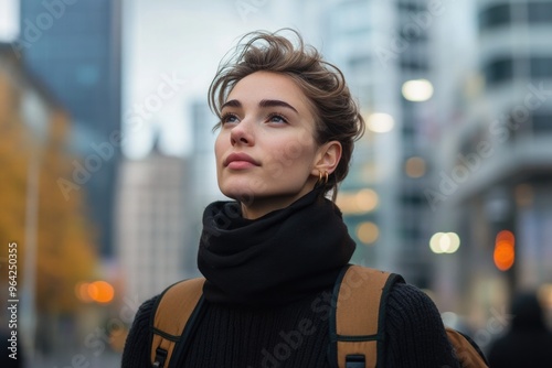 A woman wearing a black scarf and a backpack is standing in a city street. She has a serious expression on her face