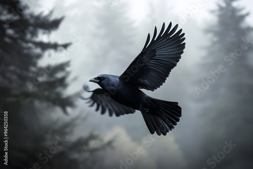 Beautiful black raven, crow in flight