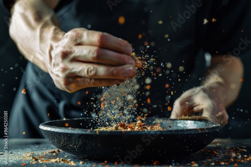 Fototapeta Naklejka Na Ścianę i Meble -  A chef’s hands sprinkle spices over a black bowl, capturing the vibrant burst of flavor in motion.