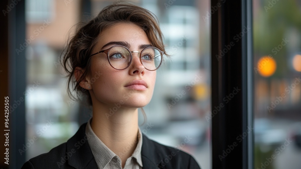 A woman wearing glasses and a suit is looking out the window. The scene is set in a city with cars and buildings visible in the background. The woman is lost in thought A woman wearing glasses and a suit is looking out the window. The scene is set in a city with cars and buildings visible in the background. The woman is lost in thought