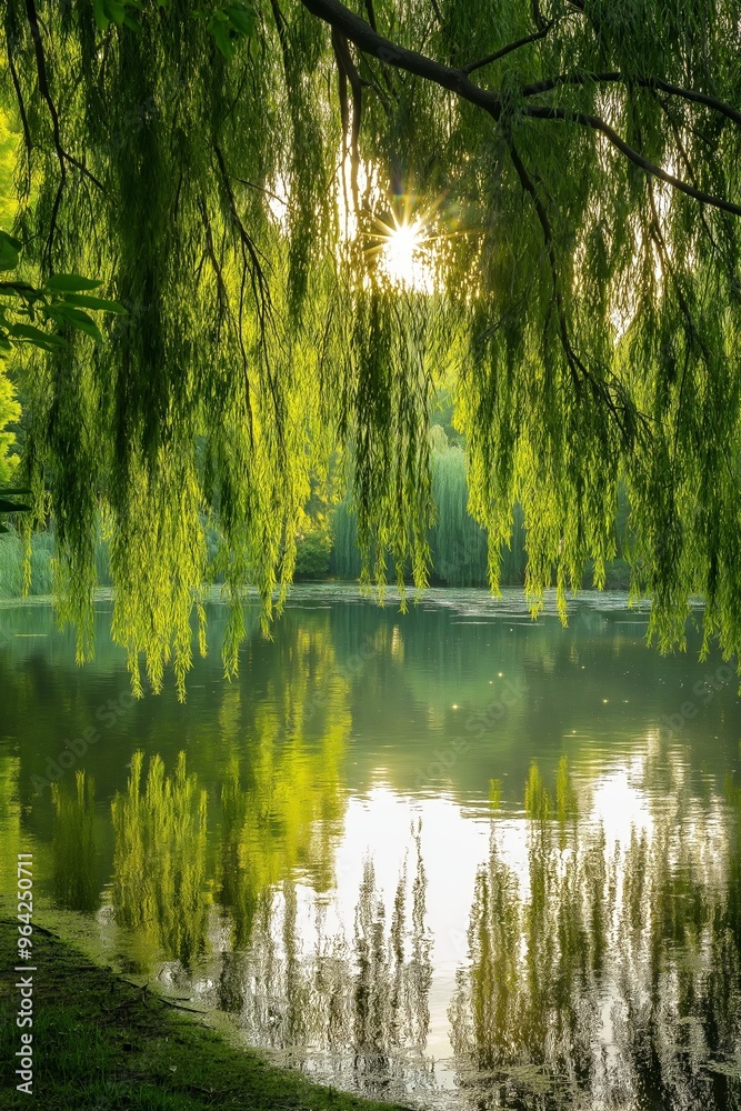 A tree with leaves and a sun shining through it. The sun is reflected in the water. The scene is peaceful and serene A tree with leaves and a sun shining through it. The sun is reflected in the water. The scene is peaceful and serene
