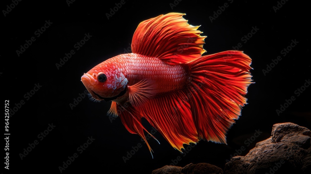 Elegant modern painting featuring colorful scarlet and sunny yellow betta fish adorned with fine metallic shimmer against a deep black backdrop, professional wall installation. Realistic photograph, Elegant modern painting featuring colorful scarlet and sunny yellow betta fish adorned with fine metallic shimmer against a deep black backdrop, professional wall installation. Realistic photograph,