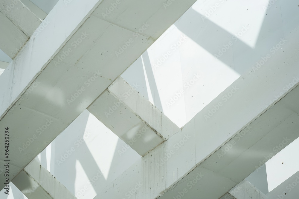 Abstract white steel beams intersect, casting shadows and light, creating a dynamic pattern of depth and structure. Abstract white steel beams intersect, casting shadows and light, creating a dynamic pattern of depth and structure.