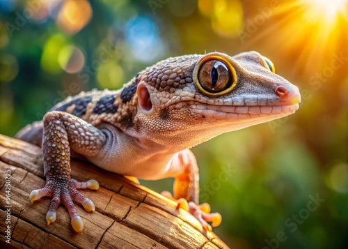 Hemidactylus frenatus, a species of gecko, perched on a branch, eyes scanning its surroundings, scales glistening in morning sunlight. photo