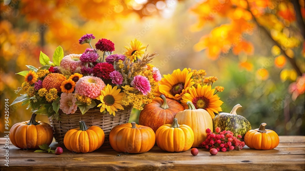 Vibrant autumn flowers and pumpkins with copy space for your seasonal designs Vibrant autumn flowers and pumpkins with copy space for your seasonal designs