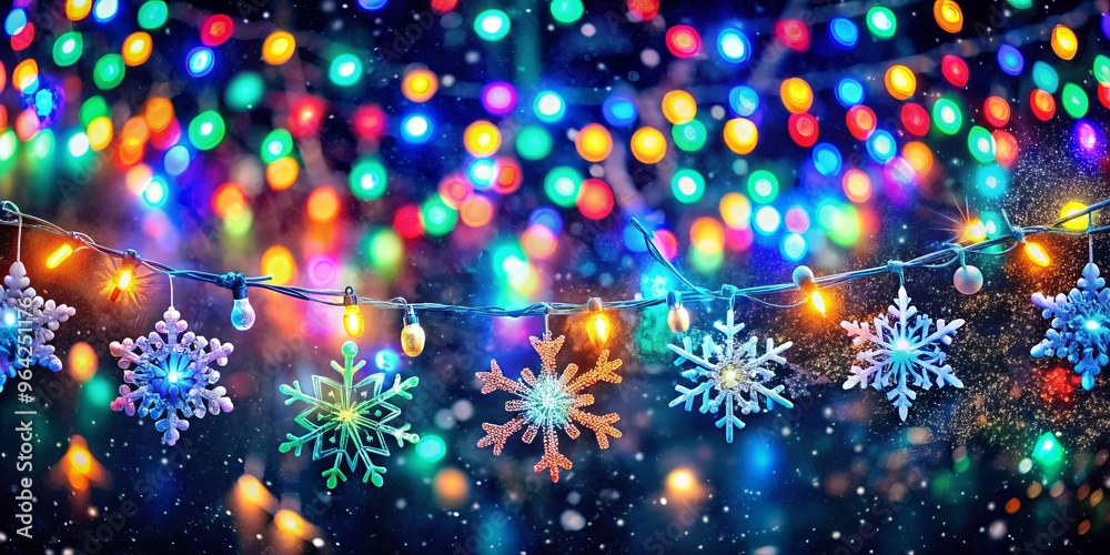 Wandering snowflakes dance around twinkling Christmas lights, blurred into a colorful streak on a cold winter's night, festive magic in motion.