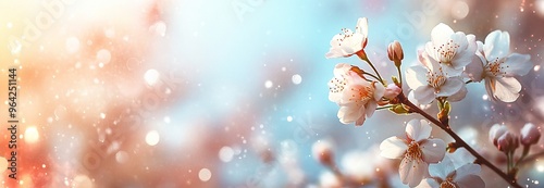 Beautiful spring background with blooming cherry blossoms on blue sky