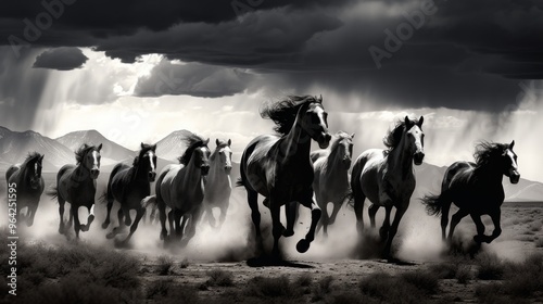 Black stallions with long mane run on dark background in monochrome scene. Neural network ai generated art