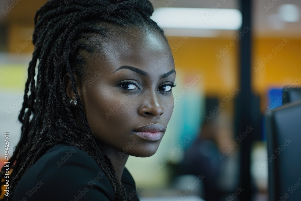 A woman with long hair and a black dress is sitting in front of a computer. She has a serious expression on her face A woman with long hair and a black dress is sitting in front of a computer. She has a serious expression on her face