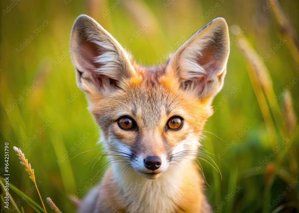 Close-Up Of A Cute Kit Fox With Perked Ears And Curious Eyes In A Natural Grassy Habitat Close-Up Of A Cute Kit Fox With Perked Ears And Curious Eyes In A Natural Grassy Habitat