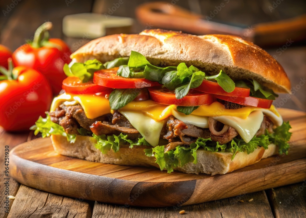 Close-Up Of A Delicious Lomito Sandwich With Juicy Meat, Melted Cheese, And Fresh Vegetables Close-Up Of A Delicious Lomito Sandwich With Juicy Meat, Melted Cheese, And Fresh Vegetables