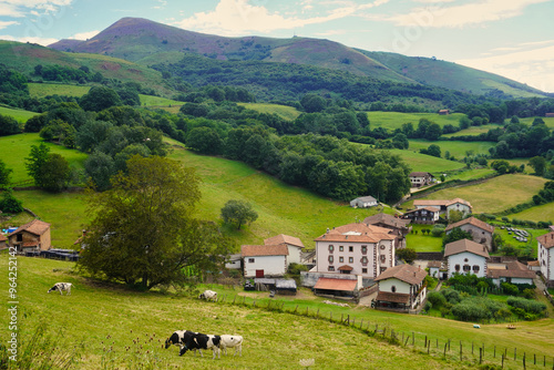 Fototapeta Naklejka Na Ścianę i Meble -  Amaiur (Maya). Typical landscapes of the Baztán Valley. Amaiur is a Pyrenean town with an incredible natural environment, surrounded by green meadows at the end of summer and gentle hills.