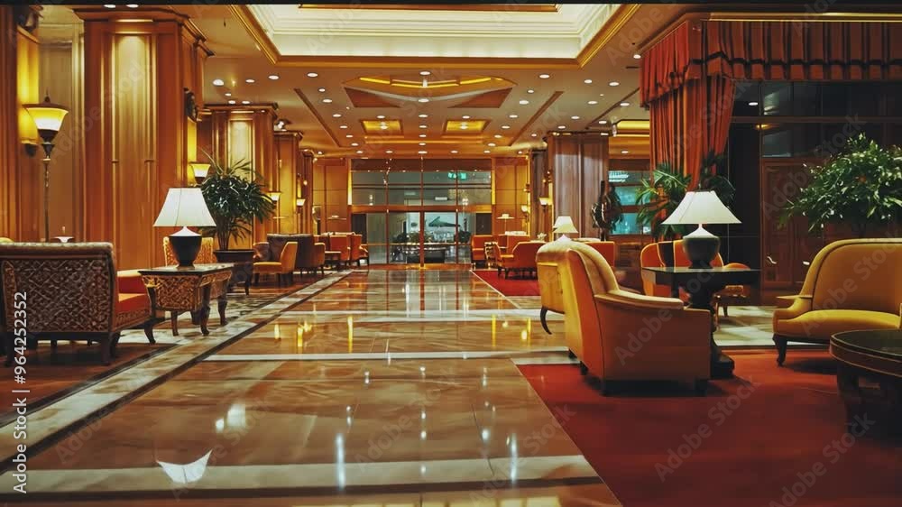 A grand hotel lobby featuring polished marble floors, plush seating, and warm ambient lighting. A grand hotel lobby featuring polished marble floors, plush seating, and warm ambient lighting.