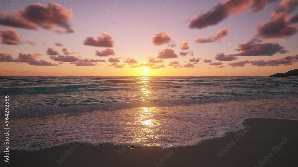 Obraz premium Beautiful sunset over a tranquil beach with gentle waves and colorful clouds during early evening at a serene ocean location