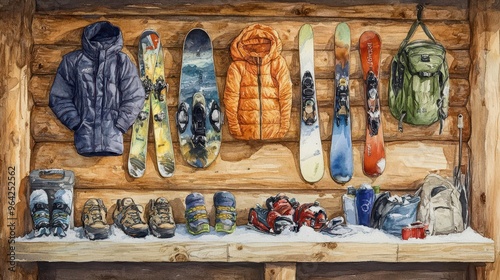 Watercolor painting of winter sports gear skis, snowboards, and ice skates arranged in a cozy cabin