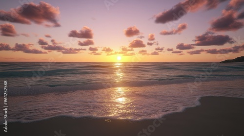 Beautiful sunset over a tranquil beach with gentle waves and colorful clouds during early evening at a serene ocean location