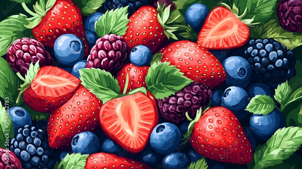 Fresh mixed berry salad with strawberries, blueberries, and blackberries, mint leaves garnish, outdoor picnic Fresh mixed berry salad with strawberries, blueberries, and blackberries, mint leaves garnish, outdoor picnic