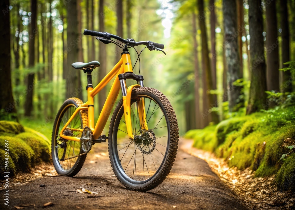 Close-Up Of A Modern Yellow Mountain Bike Placed Upright On A Rugged Trail In The Forest Close-Up Of A Modern Yellow Mountain Bike Placed Upright On A Rugged Trail In The Forest