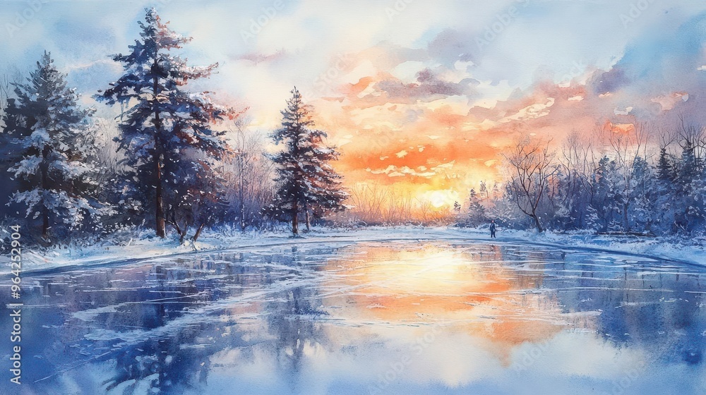 Watercolor depiction of a winter sunrise over a frozen ice skating rink Watercolor depiction of a winter sunrise over a frozen ice skating rink