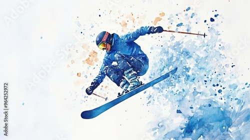 Watercolor illustration of a freestyle skier performing a flip, midtrick with snow scattering