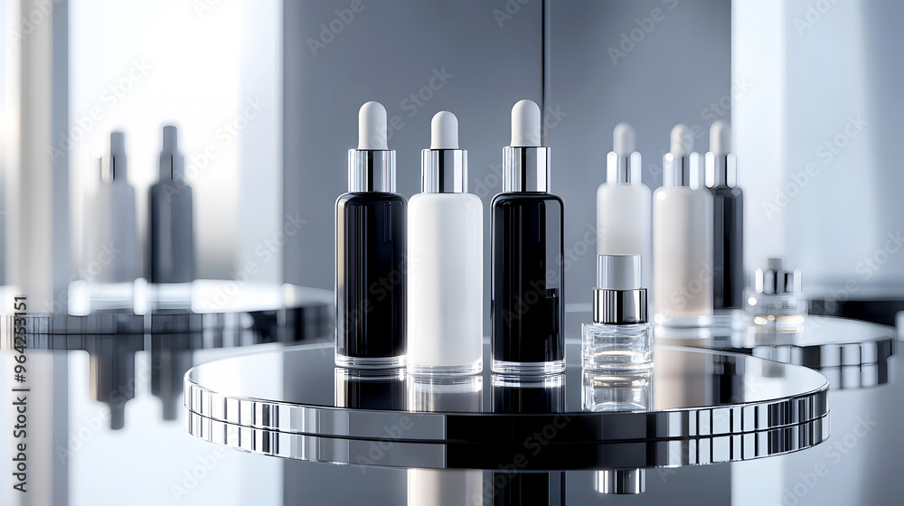 Realistic glass spray bottles with white and black caps, floating above a mirrored surface Realistic glass spray bottles with white and black caps, floating above a mirrored surface