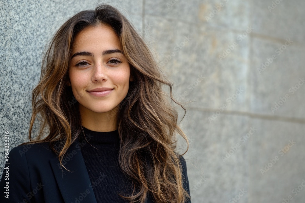 A woman with long brown hair is smiling and posing for a picture. She is wearing a black jacket and a black shirt A woman with long brown hair is smiling and posing for a picture. She is wearing a black jacket and a black shirt