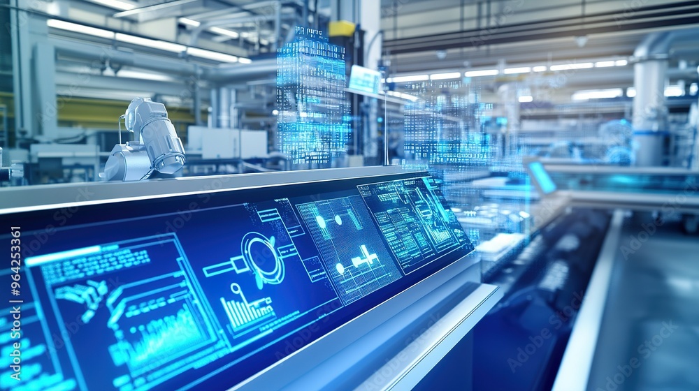 Advanced manufacturing control panel with robotic technology and digital displays in a modern industrial facility Advanced manufacturing control panel with robotic technology and digital displays in a modern industrial facility