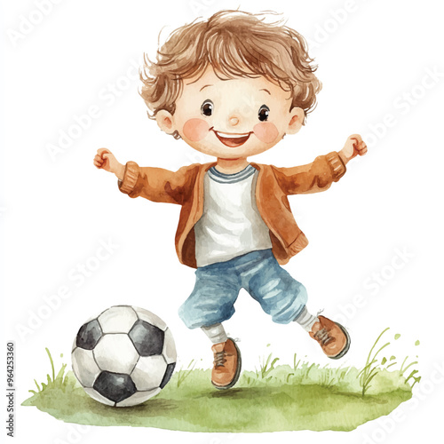 cute kid playing soccer watercolor clipart