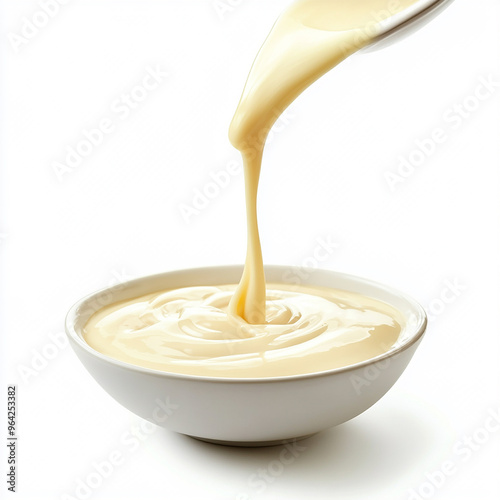 Sweet Condensed Milk Pouring into Bowl on White Background photo