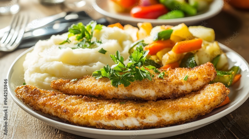 Delicious Fried Fish with Mashed Potatoes and Roasted Vegetables Delicious Fried Fish with Mashed Potatoes and Roasted Vegetables