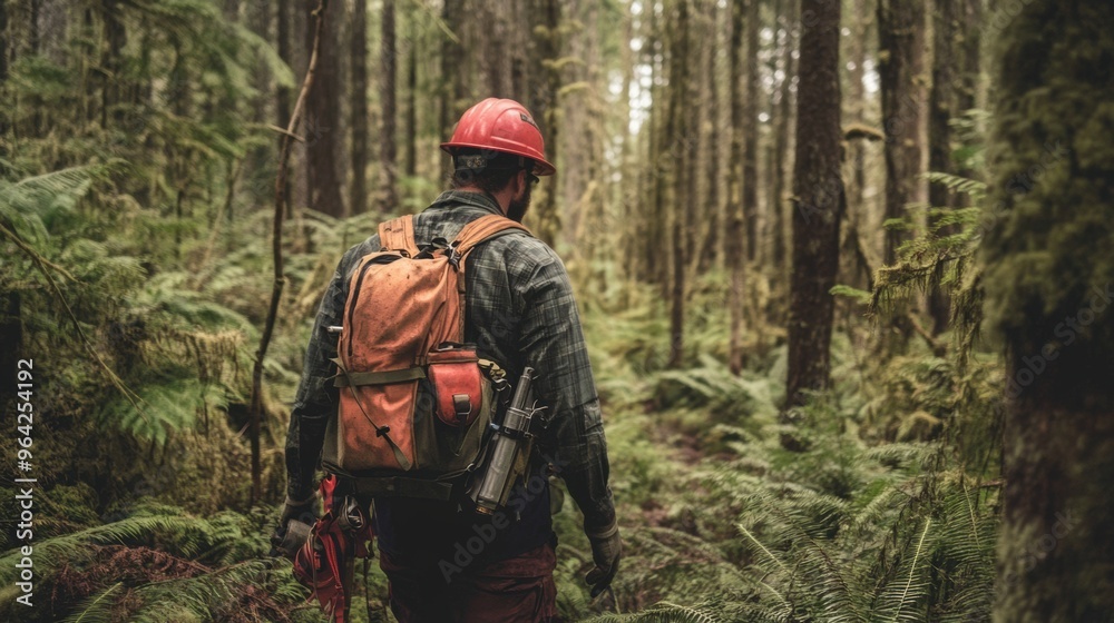 A logger navigating through a dense forest with a backpack of tools and safety gear ready for a days work A logger navigating through a dense forest with a backpack of tools and safety gear ready for a days work