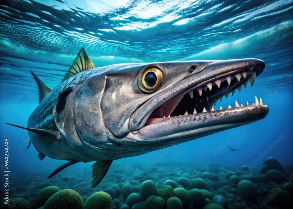 Close-Up Photograph Of A Large Barracuda Fish With Sharp Teeth And A Sleek, Torpedo-Shaped Body In Clear Blue Water. Close-Up Photograph Of A Large Barracuda Fish With Sharp Teeth And A Sleek, Torpedo-Shaped Body In Clear Blue Water.