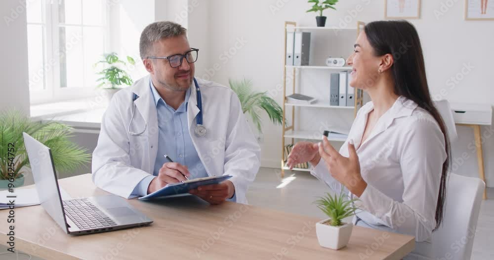 Woman seeing doctor at hospital. Health care provider and patient sitting at desk and talking. Friendly smiling male physician with clipboard listening to happy young woman telling something funny Woman seeing doctor at hospital. Health care provider and patient sitting at desk and talking. Friendly smiling male physician with clipboard listening to happy young woman telling something funny