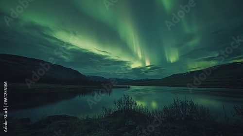 The Northern Lights reflect in a tranquil lake, creating a breathtaking nighttime scene.