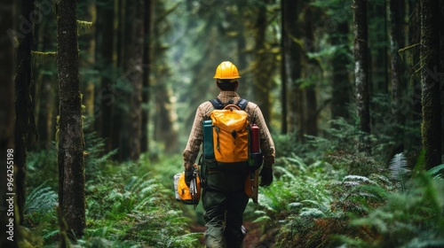 A logger navigating through a dense forest with a backpack of tools and safety gear ready for a days work