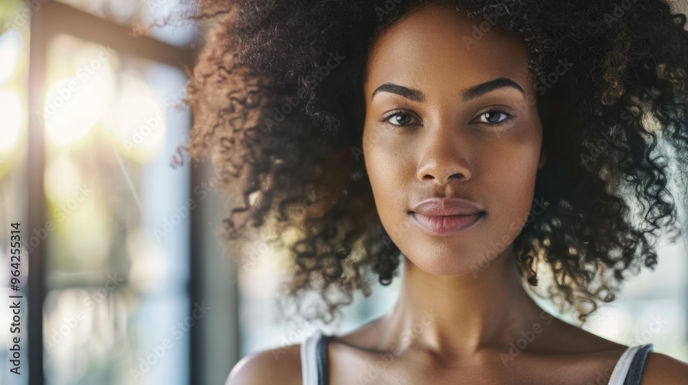 A woman with curly hair is smiling at the camera. She has a natural beauty and a confident demeanor A woman with curly hair is smiling at the camera. She has a natural beauty and a confident demeanor