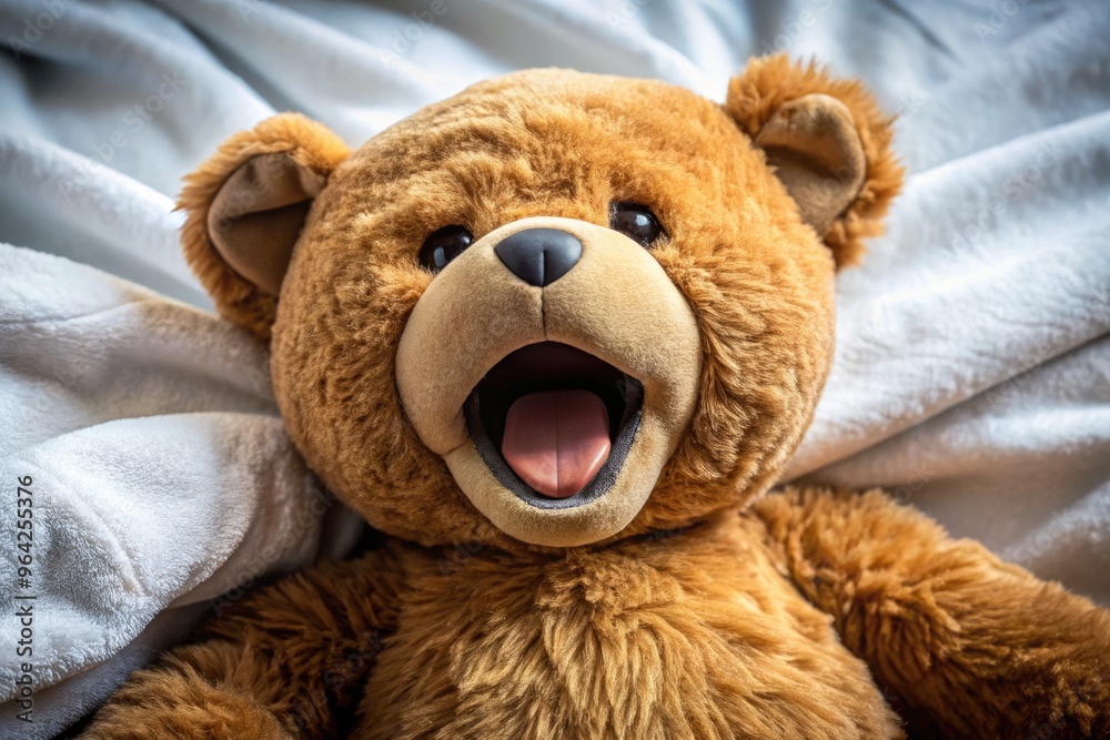 Close-Up Shot Of A Brown Teddy Bear Lying On Its Back With Its Mouth Wide Open Snoring