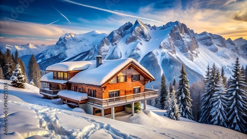 Ski lodge on snowy mountain slope. Perfect for: Winter holidays, Ski resorts, Travel blogs