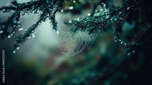 Morning dew glistens on a spider web nestled among lush evergreen branches in a misty forest