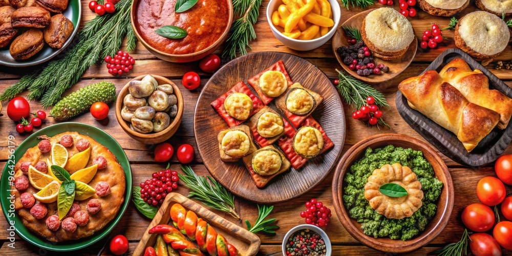 Fototapeta premium Colorful And Festive Spread Of Traditional Argentine Christmas Dishes Including Roasted Meats, Empanadas, And Sweet Treats, Surrounded By Festive Decorations.