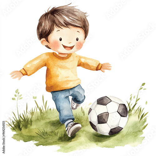 cute kid playing soccer watercolor clipart