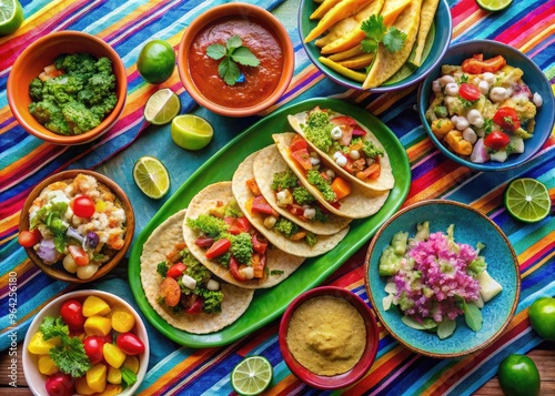 Colorful And Flavorful Mexican Dishes, Such As Tacos, Ceviche, And Aguachile, Are Arranged On A Vibrant Table In Baja California. photo